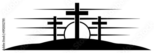 Minimalist black and white silhouette of three crosses on a hill at sunrise representing Easter and crucifixion