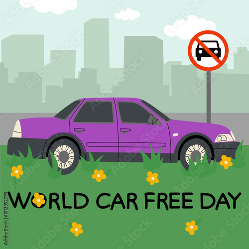 World Car Free Day banner with a purple sedan sideways on green grass with flowers. Flat illustration for environmental posters, social media environmental campaigns or sustainable lifestyle projects
