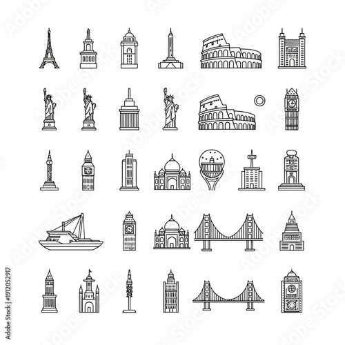 Outline Icons Set of Famous World Travel Landmarks and Global Destination Monuments Collection