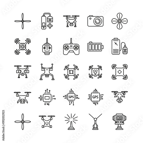 Outline Icons Set of Drones, Quadcopters, and UAV Components including GPS, Controller, Camera, and Propellers