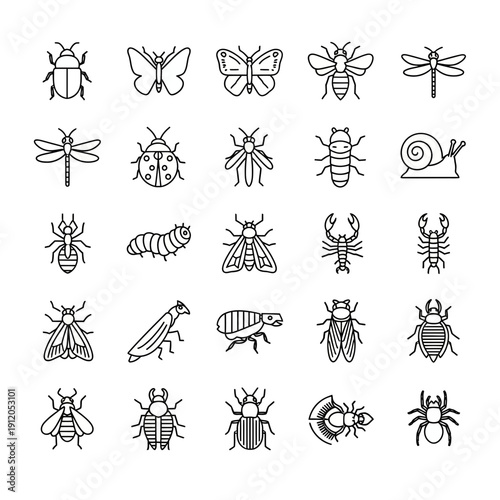 Entomology and Insect Icons Set. Collection of Bugs, Beetles, Butterflies, Spiders, and Scorpions in Line Art Style.