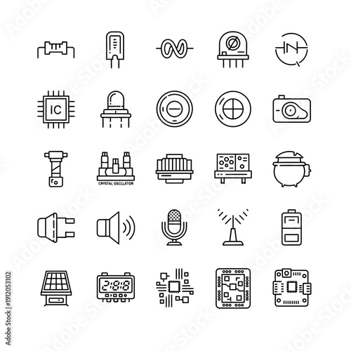 Outline Icons Set of Electronic Components, Circuitry, Microchips, and Electrical Devices