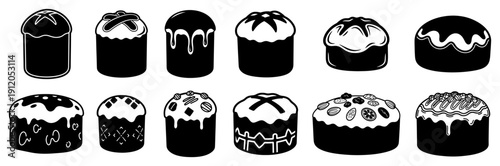 Large collection of traditional easter cake icons with various decorations and icing styles