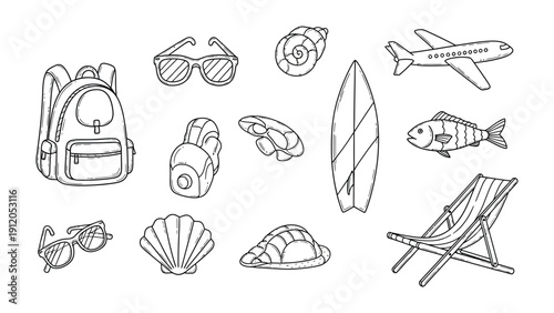 Summer Essentials Sketch: A collection of meticulously sketched beach and travel essentials, capturing the essence of a sun-soaked vacation, inviting exploration and relaxation.