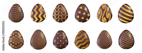 3d Chocolate Easter eggs Solid oval cartoon shapes set with gold patterns Realistic 3D vector illustration