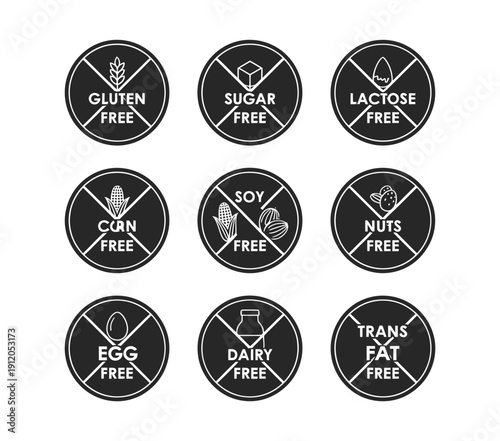 Nine circular icons representing common food allergen and dietary restrictions