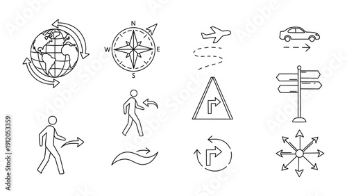 Navigational Symbols: A collection of navigational symbols representing global exploration, directional guidance, and various modes of transportation. 