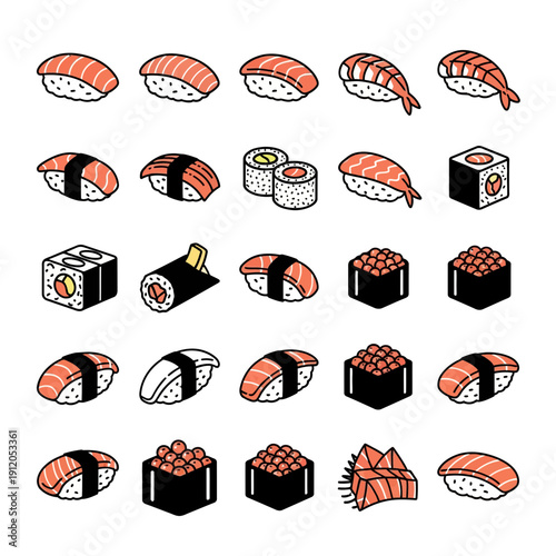 Concise Sushi and Sashimi Icons Set: Vector Collection of Japanese Food Rolls and Nigiri