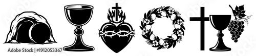 Set of christian religious easter symbols including empty tomb chalice and sacred heart icons