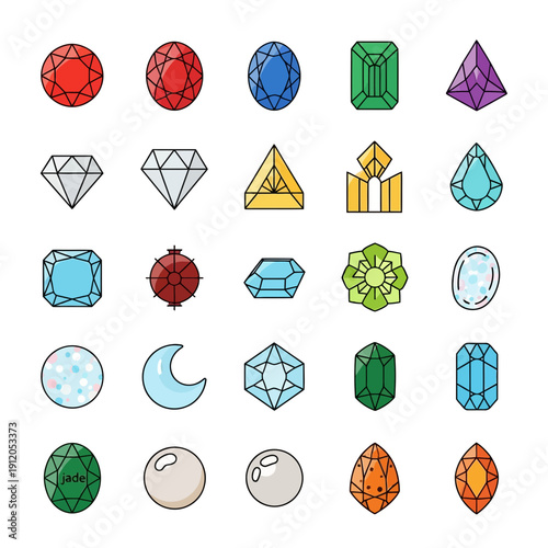 Set of Colorful Gemstone Icons with Various Cuts and Shapes: Diamond, Ruby, Sapphire, and Emerald.