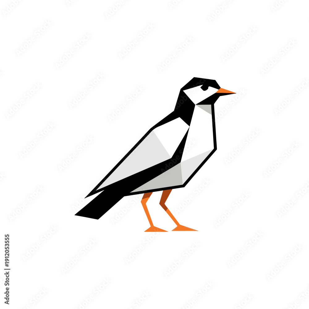 Obraz premium Geometric Bird Illustration, Polygonal Style, Minimalist Design, Black and White Bird with Orange Beak and Legs