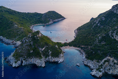 Aerial view of the famous twin beaches of Porto Timoni in Corfu, Greece, a hidden gem with crystal clear turquoise water, rocky coves,