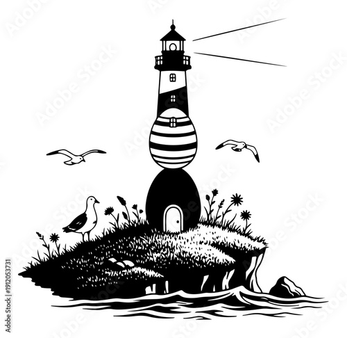 Fantasy lighthouse shaped like a striped easter egg standing on a rocky island coast