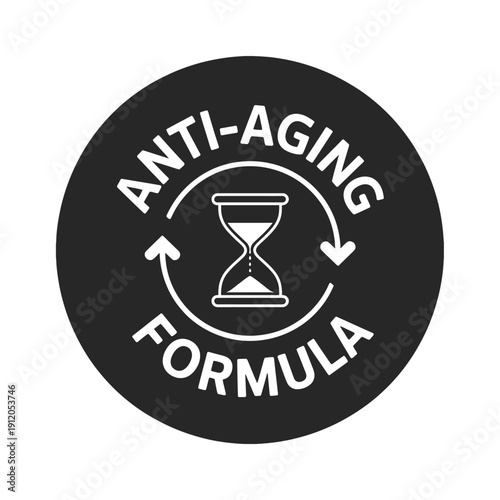 Black circular emblem displaying anti aging formula with hourglass and arrows