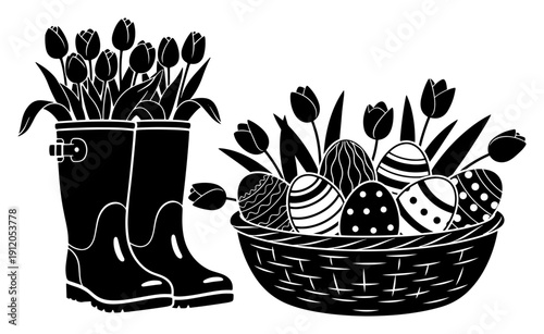 Spring garden composition with rubber boots tulips and basket of decorated eggs silhouette