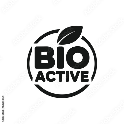 A black and white bio active logo featuring a leaf and circular design