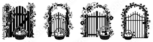 Collection of decorative garden gates with flower arches and Easter baskets silhouette