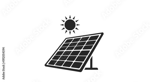 Black and white illustration of a solar panel with sunlight above it