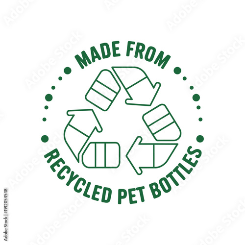 Circular emblem displaying a recycling symbol and text about recycled bottles