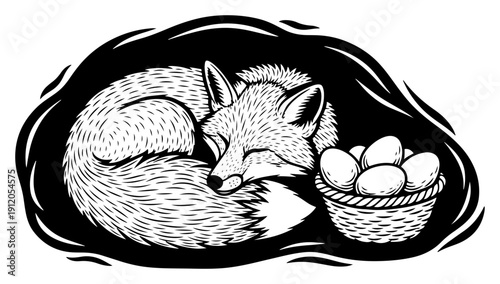 Hand drawn linocut illustration of a sleeping fox curled up next to a basket of eggs