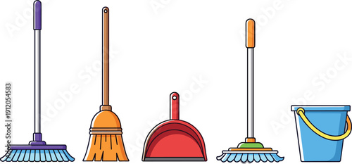 Cleaning equipment illustration set with broom, mop, dustpan, and bucket, household sanitation supplies vector collection isolated