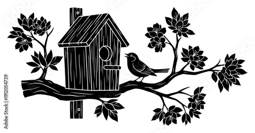 Hand drawn linocut illustration of a wooden birdhouse on a flowering branch with a small bird in spring
