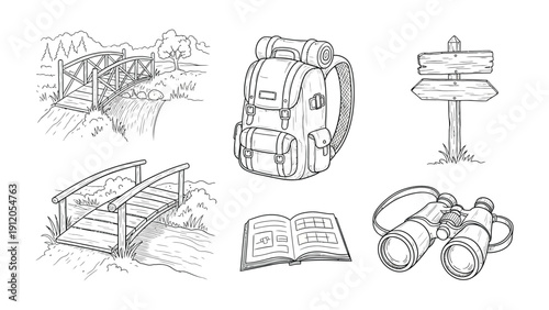 Adventure Essentials: A collection of meticulously drawn illustrations that capture the essence of a serene journey, highlighting a trail sign, a sturdy backpack, and two bridges.