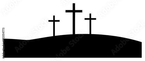 Minimalist black silhouette of three Christian crosses on a hill for Easter or religious themes