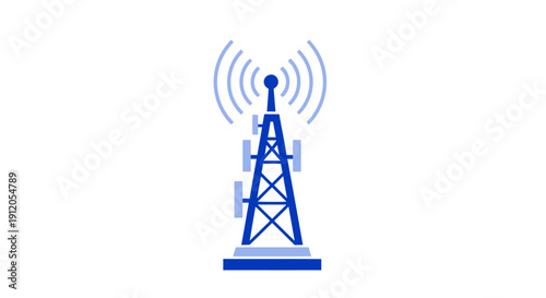 Minimalist 5G signal tower icon emitting radio waves — flat vector wireless telecom in blue and grey