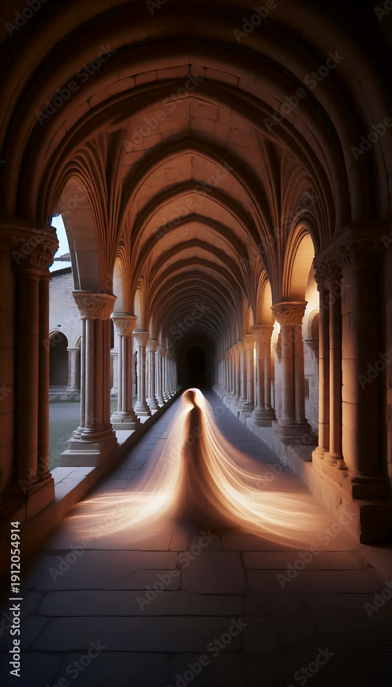 Obraz premium A long exposure photograph of a monk walking in a cloister, Ai generated image