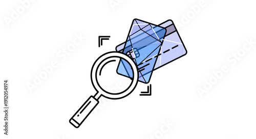 Vector illustration of a magnifying glass examining a blue crystal with black lines and shading isolated on White Background