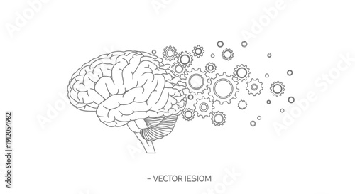 Vector illustration of a human brain with gears and cogs emerging from it, representing creativity and innovation isolated on White Background