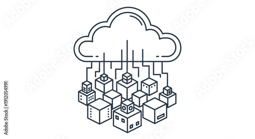 Vector illustration of a cloud raining down data onto a collection of interconnected cubes and servers isolated on White Background