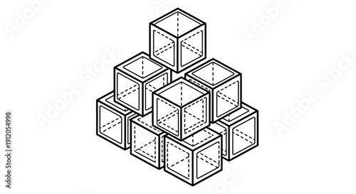 Vector illustration of stacked cubes with grid lines and dots on their surfaces isolated on White Background