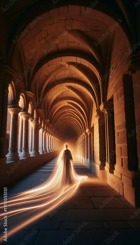 Fototapeta premium A long exposure photograph of a monk walking in a cloister, Ai generated image