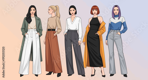 Five diverse women showcasing various modern fashion styles and elegant outfits, featuring wide-leg pants, dresses, and coats in an illustrative style.