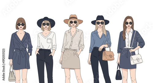Five stylish women in fashionable outfits, hats, and sunglasses, showcasing modern casual and semi-formal attire with various accessories.