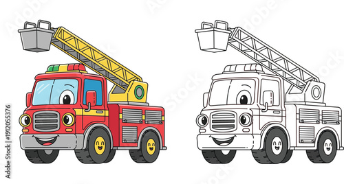 Cute cartoon fire truck character vector illustration. Coloring book page with red fire engine and black and white outline isolated on white background for kids education.