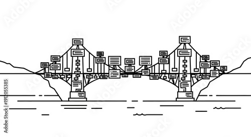 Vector illustration of a futuristic cityscape bridge with sleek skyscrapers and industrial details over water isolated on White Background