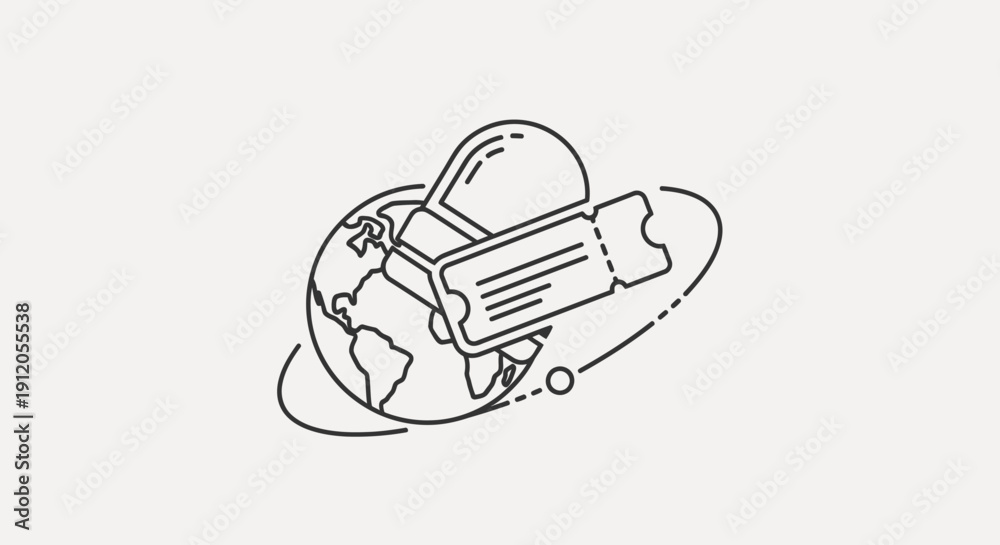 Fototapeta premium Vector illustration of a passport and airplane ticket orbiting a globe with a dotted line, symbolizing travel and adventure isolated on White Background