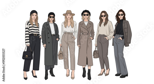 Six stylish women showcasing modern fashion in neutral tones with coats, hats, and sunglasses, illustrating contemporary urban style.