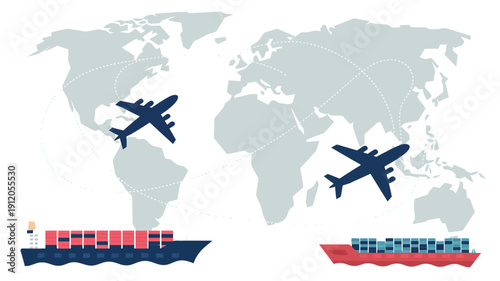 Global Trade Logistics design featuring international shipping routes, cargo vessels, airplanes, and network connections for import export and transport concept.