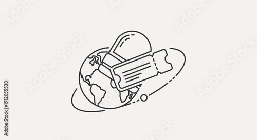 Vector illustration of a passport and airplane ticket orbiting a globe with a dotted line, symbolizing travel and adventure isolated on White Background