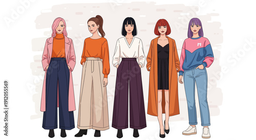 Illustration of five stylish women showcasing diverse modern fashion outfits and hairstyles.