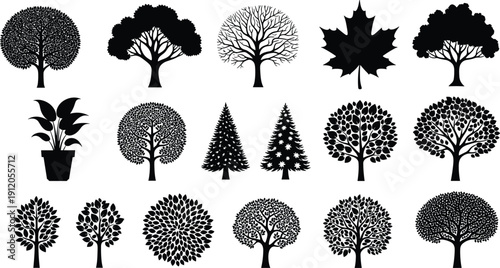 Large set of black tree silhouettes including oak maple and potted plants isolated on white background for landscape design architectural rendering and nature environment. (25 words)