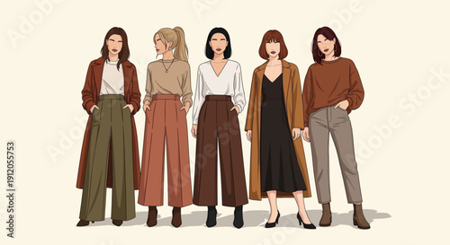 Illustration of five stylish women standing together in modern autumn fashion outfits.