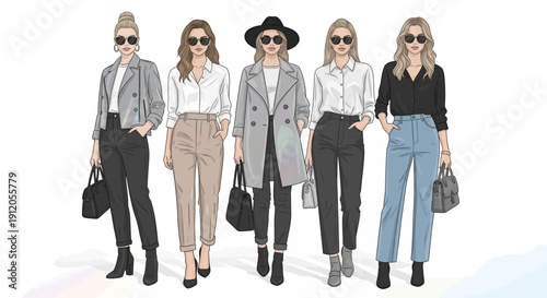 Five stylish women in business casual and smart casual outfits, featuring coats, shirts, trousers, and accessories, depicted in a modern illustration.
