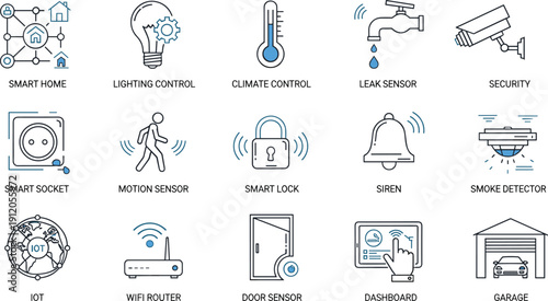 Smart home line icons set featuring security system, climate control, IoT devices, sensors, and home automation technology