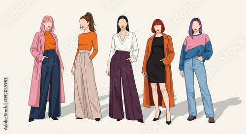 A diverse group of five stylishly dressed women in modern fashionable outfits.