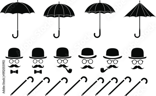 Large Vector Collection of Black Gentleman Silhouettes Featuring Bowler Hats Mustaches Spectacles Bowties Umbrellas and Walking Canes Isolated on White Background for Vintage Graphic Design